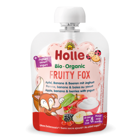 Holle Bio Organic piure cu iaurt Fruity Fox de mere, banane, fructe de padure (8 luni+) 85g
