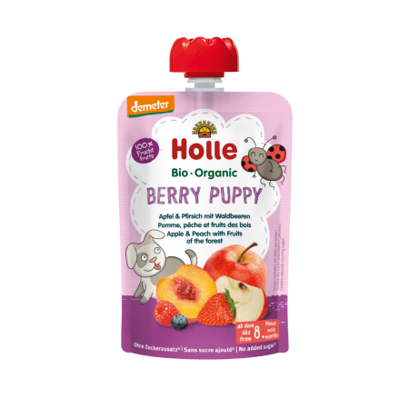 Holle Bio Organic piure Berry Puppy de mere, piersici si fructe de padure (8 luni+) 100g