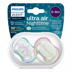 Avent Ultra Air Night Suzeta din silicon fosforescenta verde-roz 0-6m 2 buc (SCF376/19)
