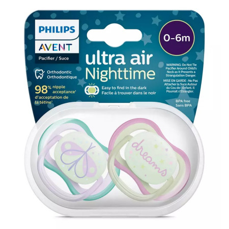 Avent Ultra Air Night Suzeta din silicon fosforescenta verde-roz 0-6m 2 buc (SCF376/19)