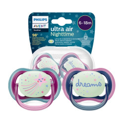 Avent Ultra Air Night Suzete din silicon 6-18m 2 buc roz-albastru fosforescenta SCF376/14 New