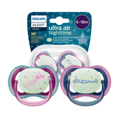 Avent Ultra Air Night Suzete din silicon 6-18m 2 buc roz-albastru fosforescenta SCF376/14 New