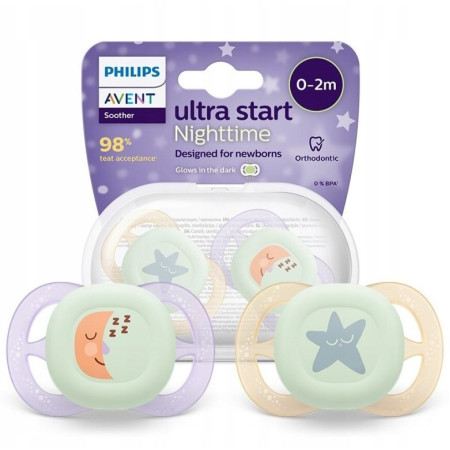 Avent Ultra Start Nighttime Suzete din silicon 0-2m 2 buc SCF075/07