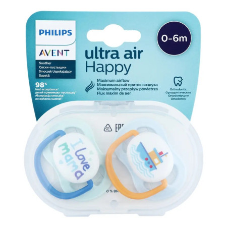 Avent Ultra Air Happy Suzeta din silicon Boy 0-6m 2 buc (SCF080/01)